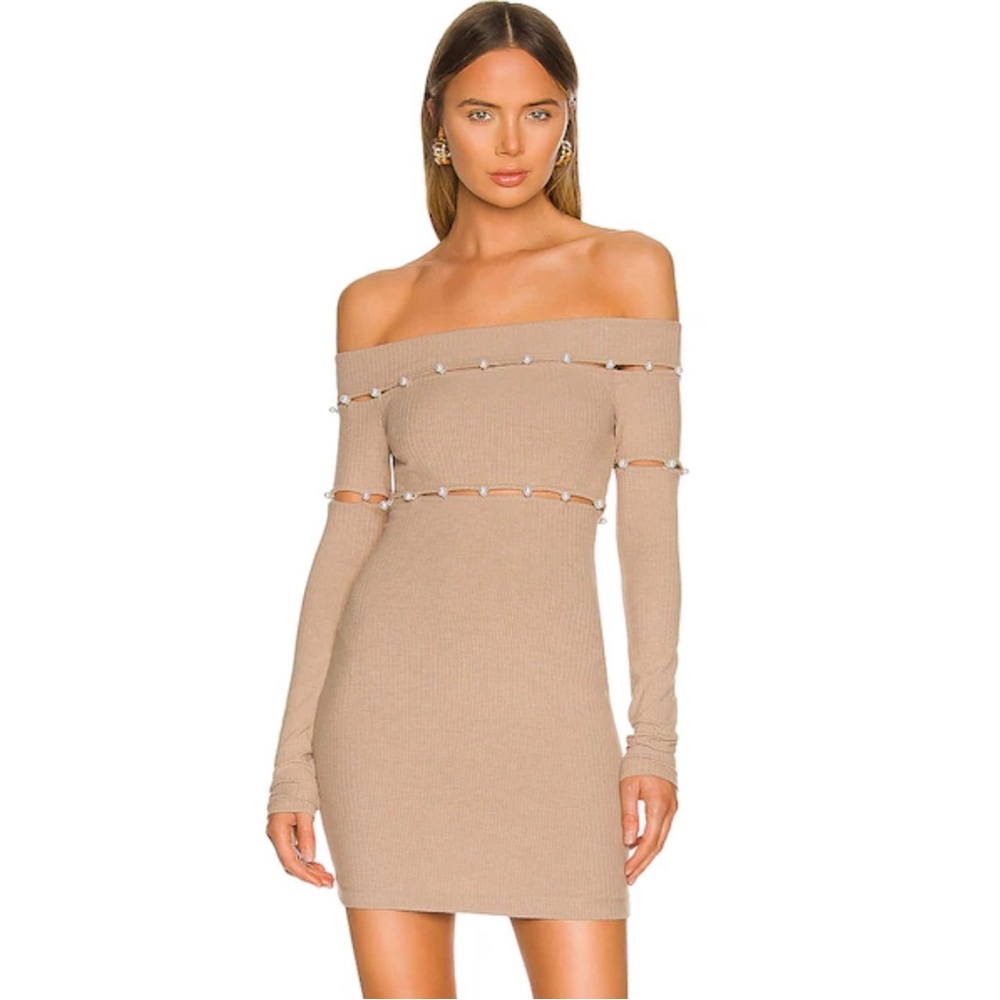NEW! Revolve h:ours Delhia Pearl Off-the-Shoulder Long Sleeve Mini Dress Camel